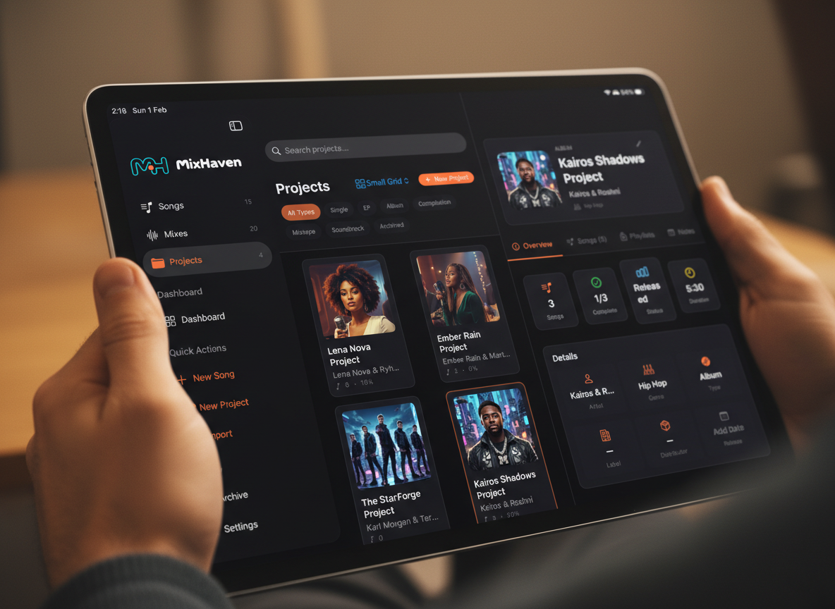 MixHaven app interface showing project dashboard with music projects, song status, and collaboration features